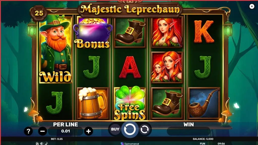 Tampilan visual slot Majestic Leprechaun dengan tema Irlandia dan leprechaun.