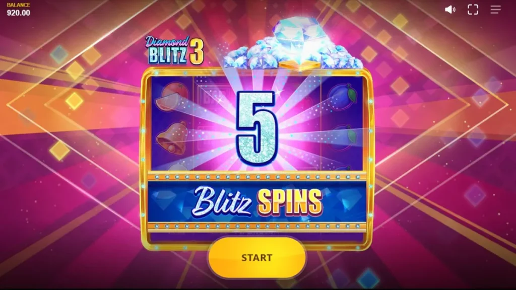 Tampilan visual slot Diamond Blitz 3 dengan simbol permata dan buah-buahan yang berkilau.