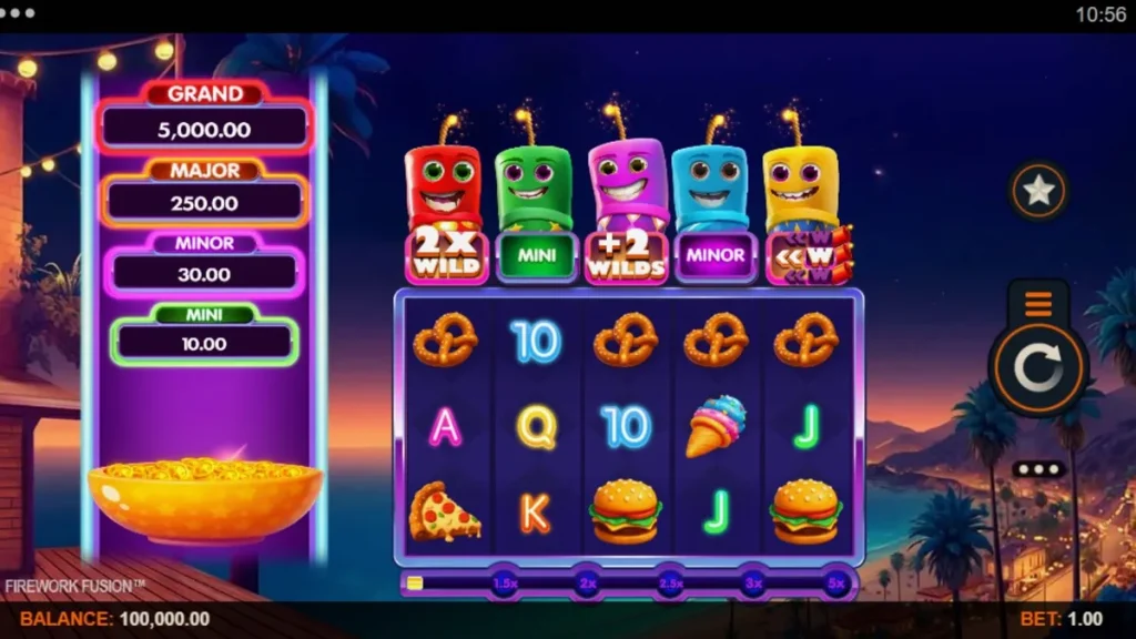 Tampilan visual slot Firework Fusion dengan tema karnaval pantai dan kembang api