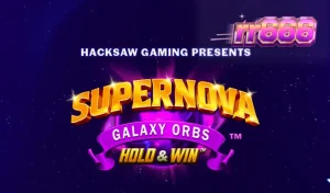 Tampilan visual slot Supernova Galaxy Orbs dengan simbol buah retro dan latar belakang luar angkasa.